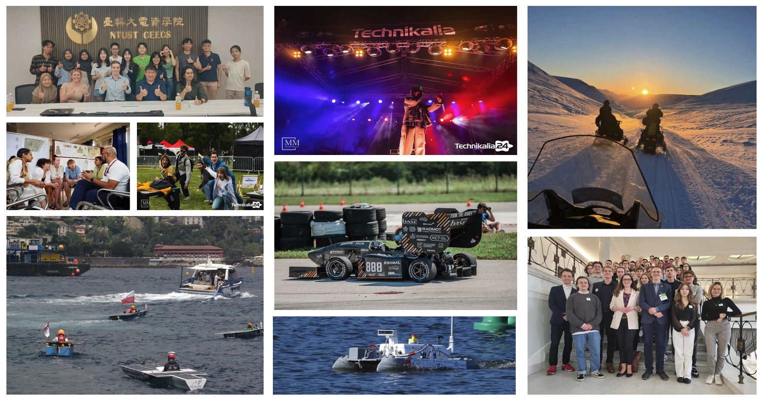 Kolaż projektów studenckich z 2024 roku: wyjazd na Tajwan, Technikalia, Svalbard, bolid wyścigowy, łodzie solarne i autonomiczna łódź na zawodach